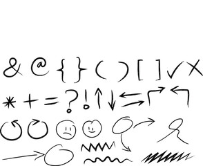 Set of punctuation, brackets, plus, equals, and arrow doodle hand drawn