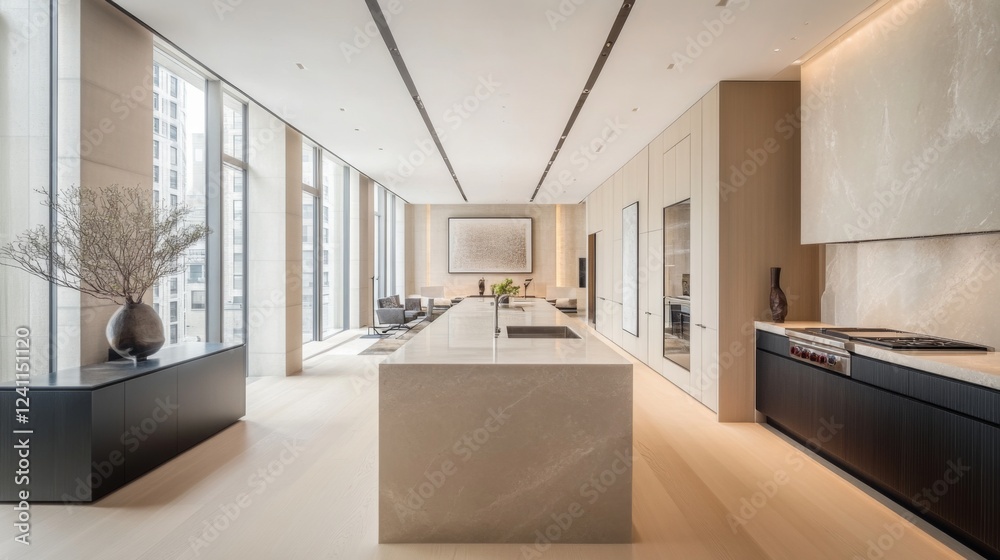 Poster a stylish minimalist kitchen with sleek cabinetry, a large island, and minimal decor, emphasizing fu