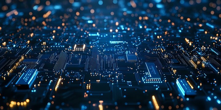 Glowing circuit board with blue and gold lights creating futuristic technology landscape, macro view with shallow depth of field for digital concept backgrounds.