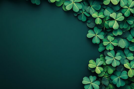 Fresh Clover Leaves Arranged on a Dark Green Background. St. Patrick's Day celebration banner template.