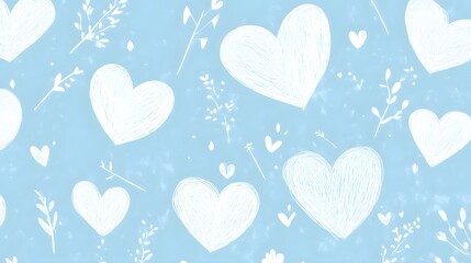 Soft Blue Background with Hand-Drawn White Hearts and Flowers