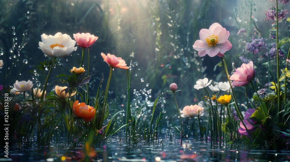 Poster a tranquil garden scene featuring various blooming flowers, each adorned with delicate dew drops, re