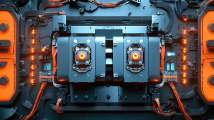 High tech robot assembly line featuring electric car battery cells with intricate wiring and glowing components, showcasing advanced manufacturing technology