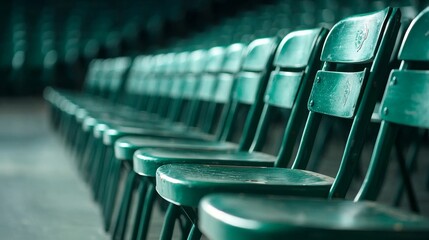 Fototapeta premium Dreamy, unfocused shot of old green theater chairs in a row, capturing their aged character and the quiet of an empty hall