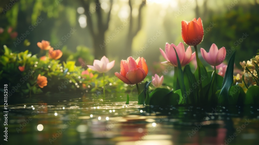 Poster a tranquil garden scene featuring various blooming flowers, each adorned with delicate dew drops, re