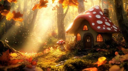 Magical Mushroom House in Fantasy Woodland with Golden Sunbeams and Dreamy Autumn Leaves