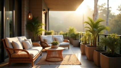 Cozy design of modern Balcony In The Morning, cinematic photography