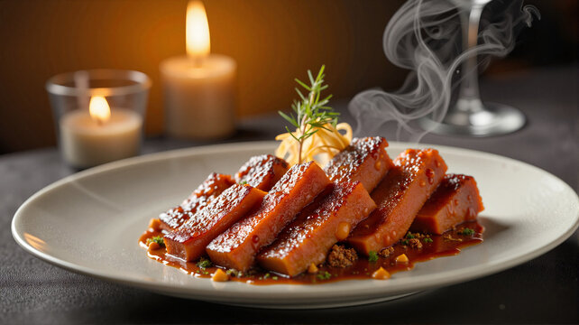 Elegant lukanka slices served with sauce in upscale restaurant, indulgence