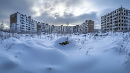 Fototapeta premium A winter apocalypse scene of an avalanche-struck city, abandoned buildings covered in thick frost and snow, under a cloudy sky