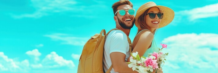 Joyful Summer Vacation A couple joyfully embracing the warm sun while surrounded by beautiful flowers and a gorgeous scenic beach background, making unforgettable memories together