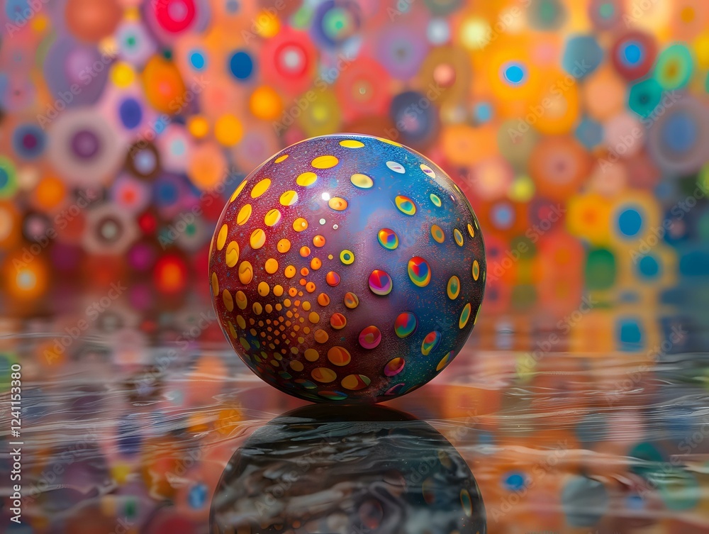 Poster colorful sphere with vibrant polka dot pattern reflecting on glossy surface against blurred multicol