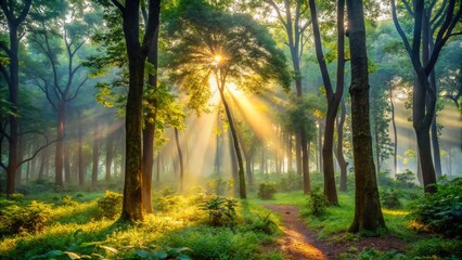 Fototapeta premium Misty Morning in Indian Forest: Sunlight Through Trees