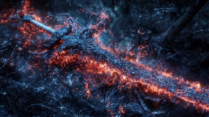 Mythical weapons of the gods illuminate the forest digital art fantasy dark atmosphere close-up enchantment