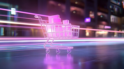 A glowing shopping cart with vividly colored packages appearing to levitate surrounded by soft light trails