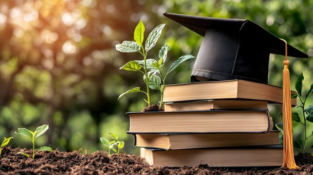 A graduation cap rests atop a detailed globe with seedlings sprouting from the pages of books below blending themes of academic achievement and environmental responsibility