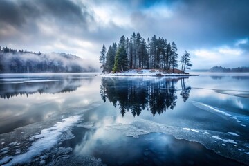 Misty November Lake in Sweden: Mirror-like Ice Reflecting Small Islands