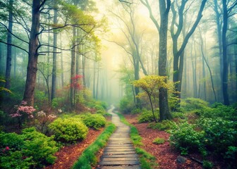 Obraz premium Misty Spring Hike: Stokes State Forest, New Jersey Vintage Photo