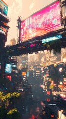 Obraz premium A high-tech bazaar in a cyberpunk city bustling with androids, hackers, and traders. The bridge above is lined with massive holographic billboards, casting vibrant colors onto the street below. The