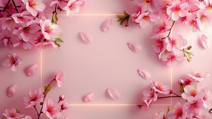 Pink cherry blossoms frame with neon light border on soft pink background, scattered petals creating romantic spring composition for wedding designs.