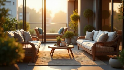 Fototapeta premium Cozy design of modern Balcony In The Morning, cinematic photography