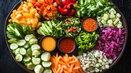 A vibrant overhead shot of a variety of  served on a traditional Thai platter, showcasing different dipping sauces and garnishes for a colorful presentation.