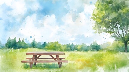 Obraz premium Watercolor Painting of a Picnic Table in a Sunny Meadow