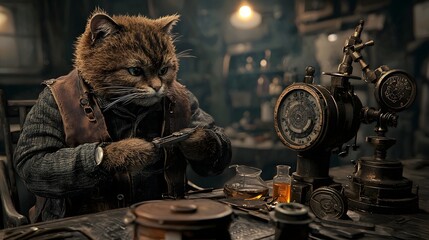A highly detailed depiction of a diligent and focused cat scientist