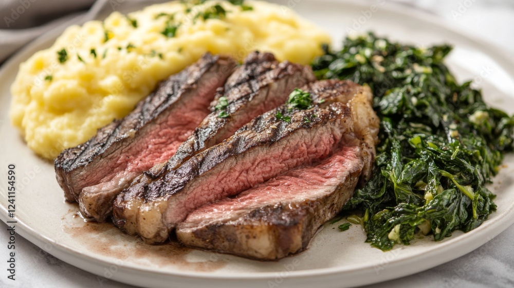 Canvas Prints A vibrant plate of bistecca served with a side of creamy polenta and sauted greens, showcasing the rich flavors and beautiful presentation of a traditional Italian meal.