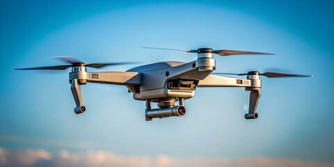 Minimalist Gray Drone Soaring in Clear Sky - Stock Photo