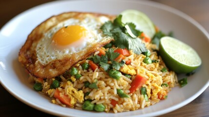A vibrant plate of curried fried rice garnished with fresh cilantro, colorful vegetables, and a squeeze of lime, served with a side of crispy fried egg.