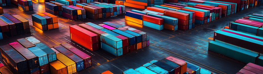 Fototapeta premium Aerial view of colorful shipping containers in a port, created with generative AI technology 
