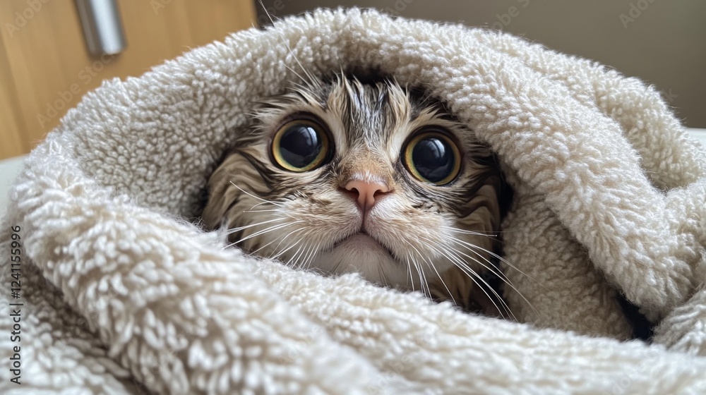 Poster a wet cat wrapped in a fluffy towel after a bath, its big eyes peeking out with a mix of relief and 