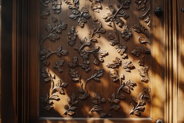 Intricate Wooden Door with Floral Carvings and Stunning Shadow Play