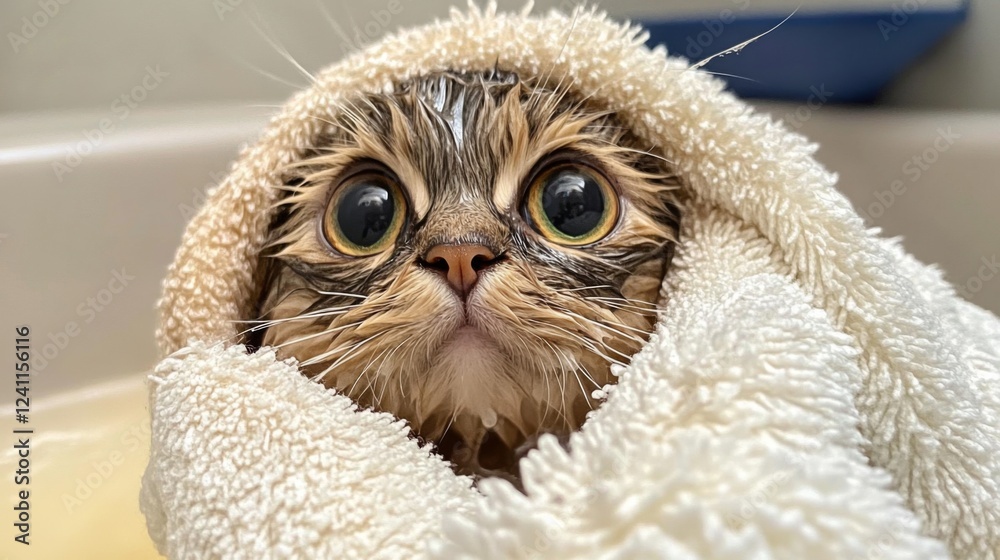 Poster a wet cat wrapped in a fluffy towel after a bath, its big eyes peeking out with a mix of relief and 