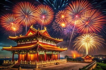 Fototapeta premium Minimalist Nighttime Fireworks over Historic Chinese Temple - Lunar New Year Celebration