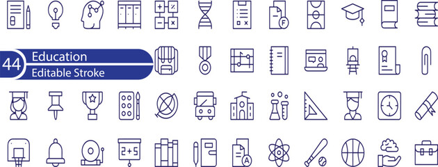 Education, seminar, online learning, webinar editable stroke outline icons set isolated on white background flat vector illustration