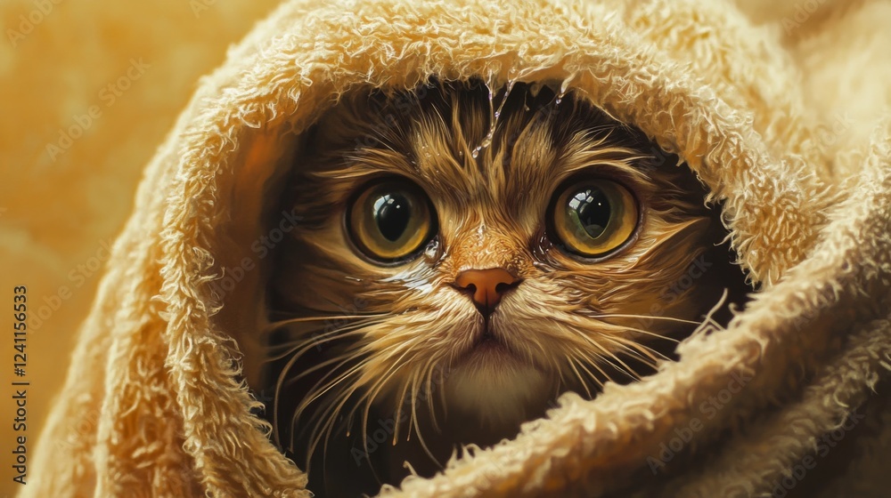 Poster a wet cat wrapped in a fluffy towel after a bath, its big eyes peeking out with a mix of relief and 