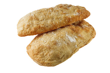 Fragrant freshly baked traditional Italian ciabatta on a white background