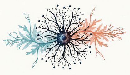 A tree with blue and orange branches. The branches are intertwined and the tree is very detailed. The image has a sense of depth and complexity