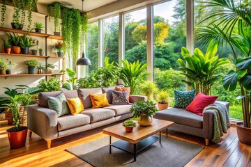 Obraz premium Modern Living Room, Lush Indoor Plants, Garden View - High-Resolution Stock Photo