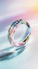Crystal ring with rainbow reflections on smooth mirror surface, creating dreamy and elegant atmosphere.