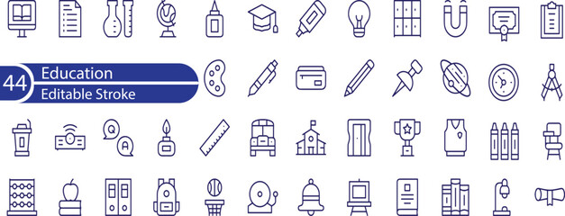 Education, seminar, online learning, webinar editable stroke outline icons set isolated on white background flat vector illustration