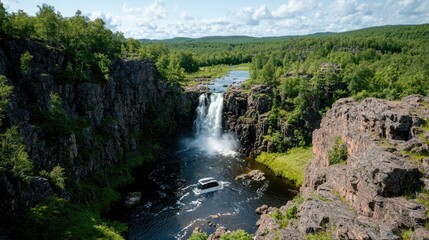 Obraz premium Car submerged near waterfall, dramatic landscape