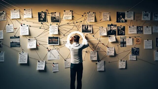Detective Investigating Crime Evidence on Wall with Photos, Documents, and Red Strings in a Dark Investigation Room

