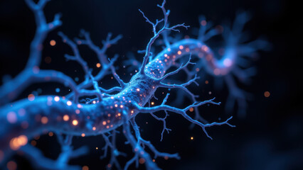 Obraz premium Vagus Nerve Stimulation - Close-up of a blue neuron with illuminated dendrites and axons.