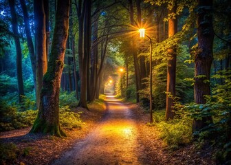 Mysterious Forest Path at Night, Illuminated by Faint Light, Candid Photography
