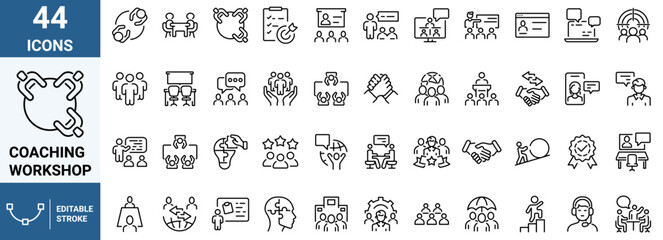 Coaching and workshop web line icon collection. Lesson, training, seminar, teacher icons. Vector illustration