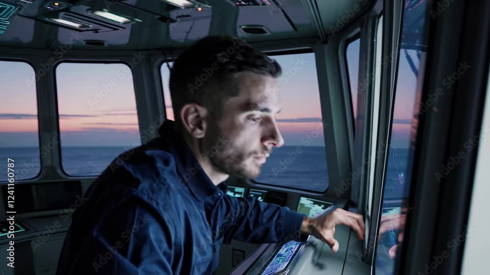 Aufkleber high-tech control room overlooking the ocean at sunset with advanced monitors and displays