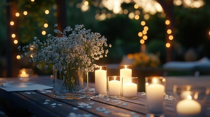 Romantic Evening Setting with Flowers and Candles at Dusk