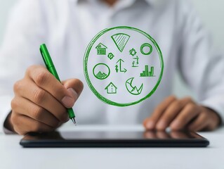 Entrepreneur sketching a circular economy framework on a tablet, symbolizing sustainable business practices, ecofriendly business models